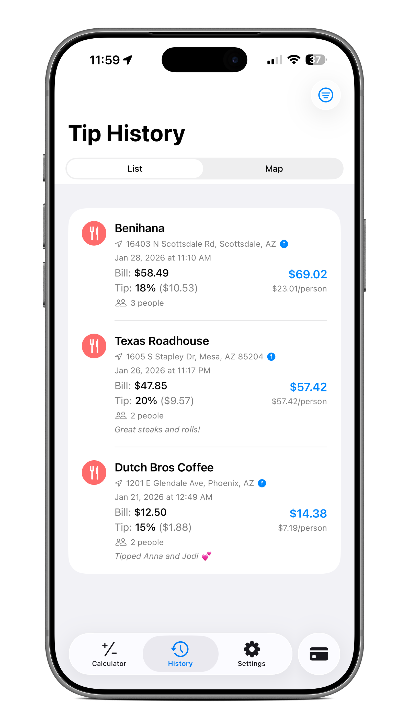 TipCalculate History Screen